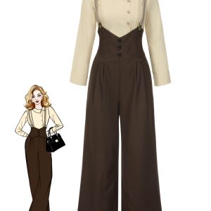 2PCS 1930s Cotton Solid Blouse & Suspender Pants