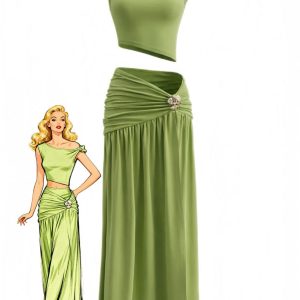 2PCS 1930s Off-Shoulder Top & Slit Ruched Maxi Skirt