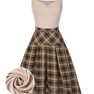 2PCS 1950s Beige Knitted Top & Plaid Pleated Skirt