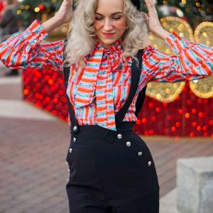 2PCS 1950s Candy Tie-Up Blouse & Black Suspender Pants