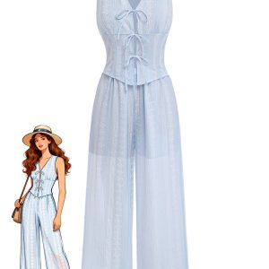 2PCS 1950s Sleeveless V-Neck Lace-Up Corset Top & Pants