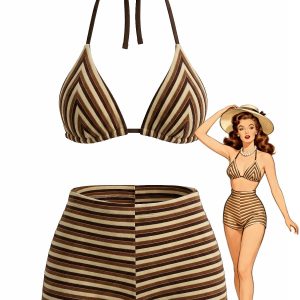 2PCS Brown 1950s Striped Terry Halter Bikini & Shorts