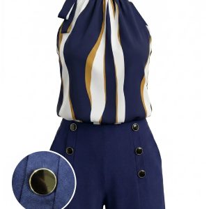 [Pre-Sale] 2PCS 1950s Tie-Neck Abstract Wavy Striped Top & Button Shorts