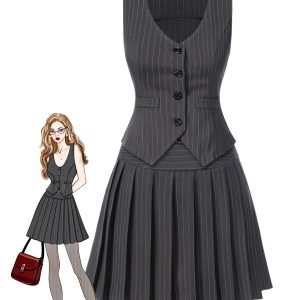 2PCS Dark Gray 1960s Pinstripes Top & Pleated Skirt