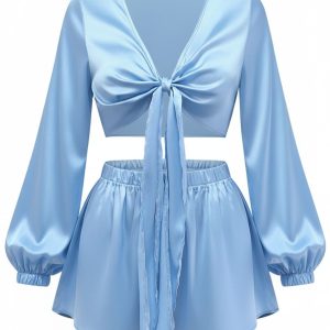 2PCS 1960s Satin Tie-Front Crop Top & Shorts
