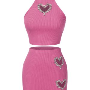 2PCS 1960s Solid Knitted Heart Hollow Top & Skirt