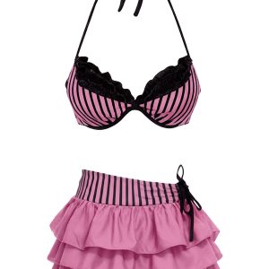 2PCS Pink 1960s Striped Halter Bikini Set & Tiered Cover-Up