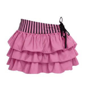 Pink 1960s Striped Mesh Bow Tiered Cover-Up Skirt