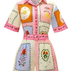 2PCS 1970s Boho Floral Blouse & Belted Shorts