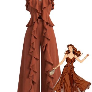 2PCS 1970s Cascading Ruffle Cami Top & Pants