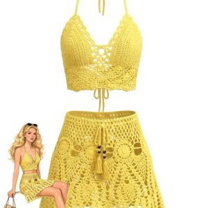 2PCS 1980s Solid Crochet Cover Up Set