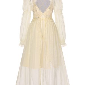 2PCS Apricot 1950s Floral Straps Slit Nightgown & Robe