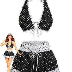 2PCS Black 1940s Polka Dot Halter Bikini Set & Cover-Up