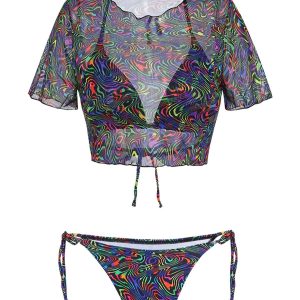 2PCS Black 1960s Camo Bikini Set & Mesh Crop Cover-Up