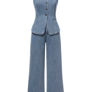 2PCS Blue 1940s Sleeveless Vest & Wide-Leg Denim Jeans
