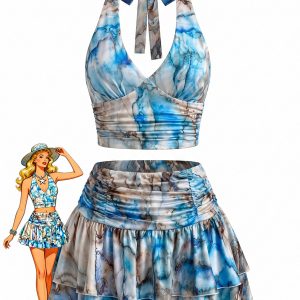 2PCS Blue 1970s Halter Ruched Marble Print Top & Skirt