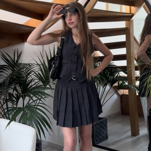 2PCS Dark Gray 1960s Pinstripes Top & Pleated Skirt