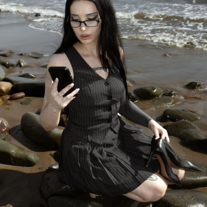 2PCS Dark Gray 1960s Pinstripes Top & Pleated Skirt