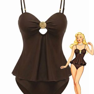 2PCS Dark Brown 1950s Solid Shell Tankini Set