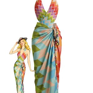 2PCS Multicolor 1970s Geometric Halter Boho Swimsuit & Cover-Up