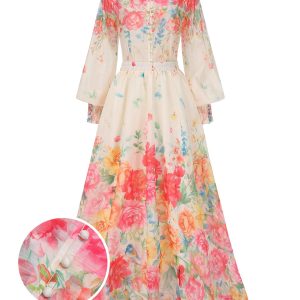 2PCS Multicolor 1970s Mandarin Collar Floral Blouse & Skirt