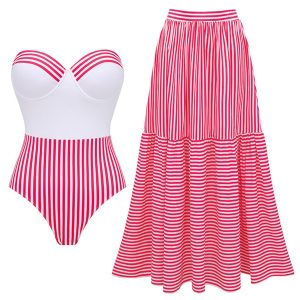 2PCS Pink 1940s Striped Strapless One-Piece Swimsuit & Cover-Up