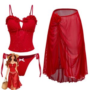 2PCS Red 1960s Cutout Ruffled Tankini Set & Cover-Up