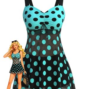 2PCS Turquoise 1980s Polka Dot Mesh Tankini Set