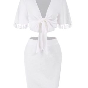 2PCS White 1960s Solid Tassels Bind Top & Pencil Skirt