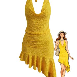 2PCS Yellow 1960s Halter Cowl Neck Textured Tankini Set