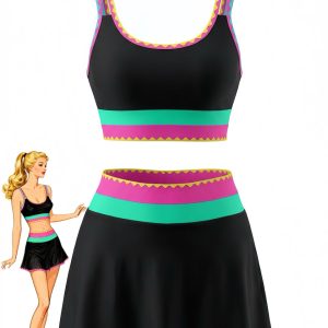 3PCS 1950s Contrast Color Zigzag Trim Tankini Set & Cover-Up