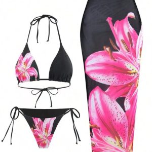 3PCS 1950s Mesh Lily Print Bikini Set & Cover-Up