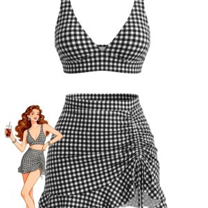 3PCS 1950s Ruffled Hem Plaid Drawstring Tankini Set