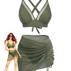 3PCS 1950s Solid Metal Button Bikini Set