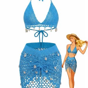 3PCS 1970s Shell Crochet Halter Bikini Set & Cover-Up