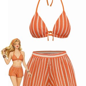 3PCS 1970s Striped Knit Boho Bikini Set & Cover-Up
