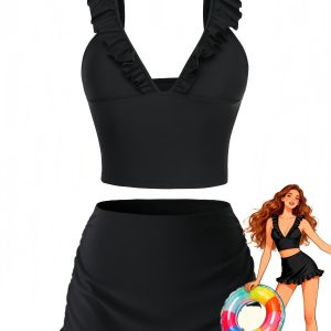 3PCS Black 1950s V-Neck Ruffled Bikini Skirt