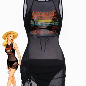 3PCS Black 1960s Vacation Print Mesh Halter Ruched Bikini Set & Cover-Up