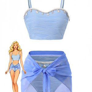 3PCS Blue 1940s Shell Special Fabric Bikini Set