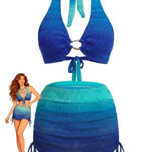 3PCS Blue 1980s Gradient Bikini Set & Skirt Cover-Up
