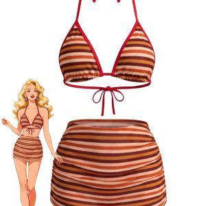 3PCS Brown 1960s Stripe Halter Bikini Set & Ruched Skirt