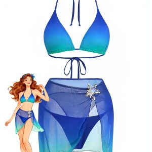 3PCS Dark Blue 2000s Gradient Triangle Bikini Set & Cover-Up