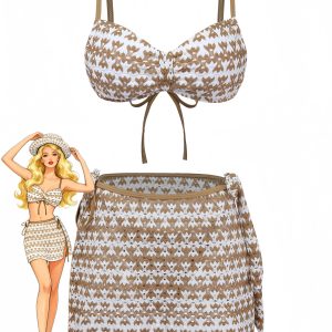 3PCS Khaki 1950s Crochet Hollow Bikini Set & Cover Up