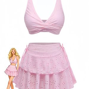 3PCS Pink 1940s Eyelet Bikini Set & Ruffled Skirt