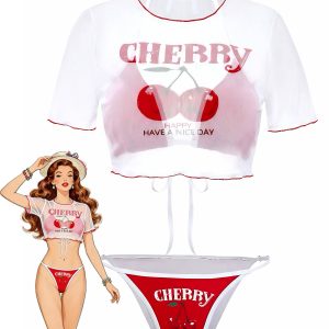 3PCS Red 1950s Cherry Print Tie-Up Bikini Set