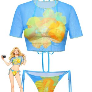 3PCS Sky Blue 1960s Floral Bikini Set & Crop Top