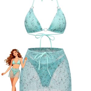 3PCS Y2K Crochet Sequin Halter Tie Triangle Bikini Set & Cover-Up