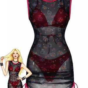 3PCS Y2K Solid Bikini Set & Neon Gaming Print Mesh Cover-Up