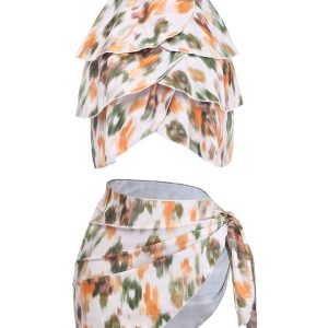4PCS 1980s Floral Halter Tie Asymmetric Bikini Set & Cover Up