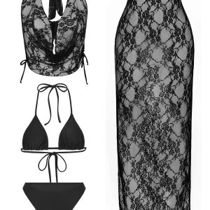 4PCS 1980s Solid Bikini Set & Lace Cover-Up